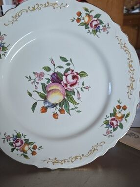 Homer Laughlin Porcelain Plate with Pink Roses, Green Leaves & Gold Scroll